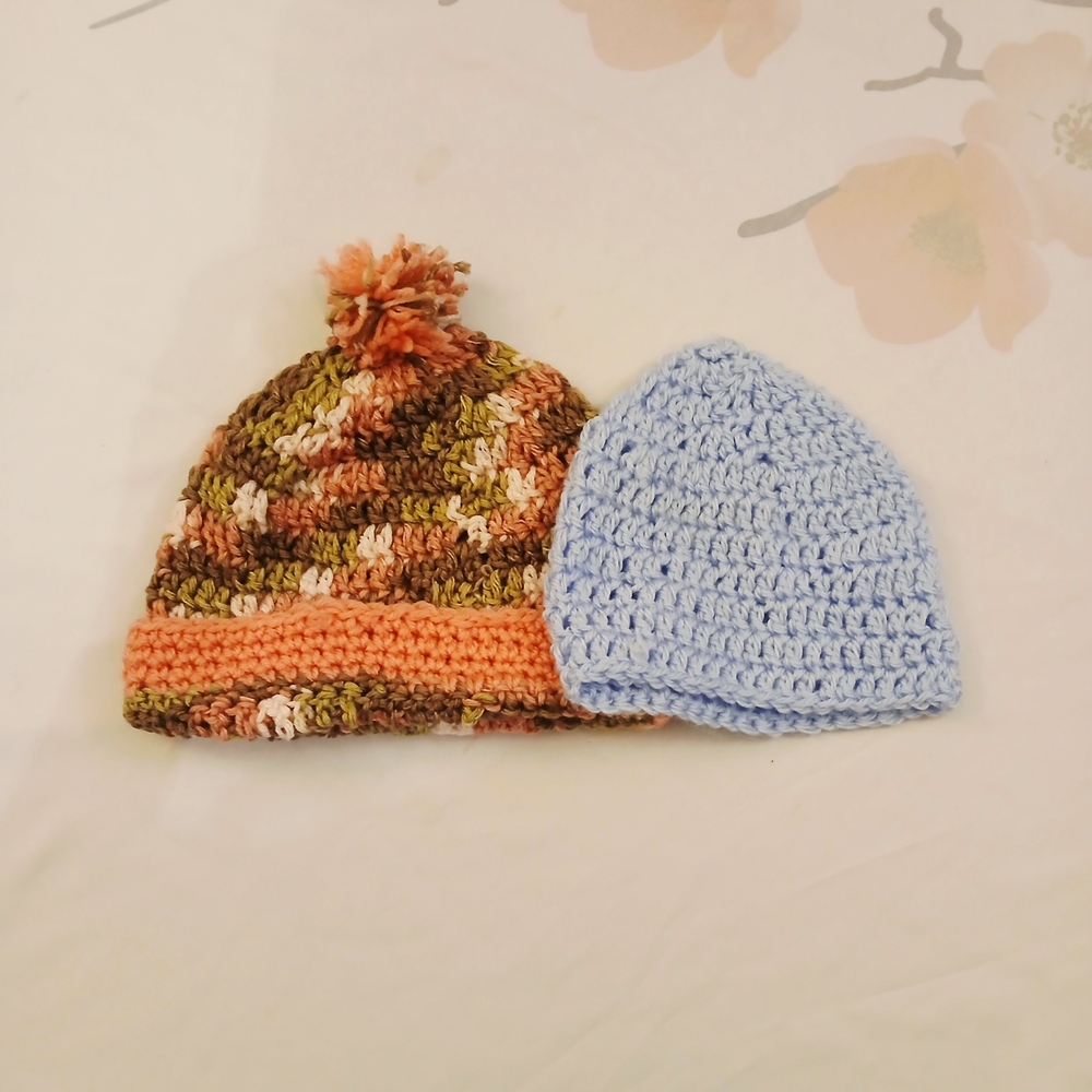 Cozy Crochet Beanie Pair - Light Blue and Multicolor